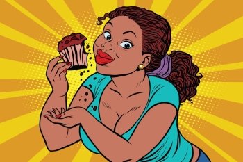 Diet concept woman eating cupcake, pop art retro comic book vector illustration. Sweets and cooking. Fat people. African American