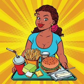 Lifestyle young woman and a fast food lunch in the restaurant, pop art retro comic book vector illustration. Burger, fries and a drink. The concept of healthy eating. African American people