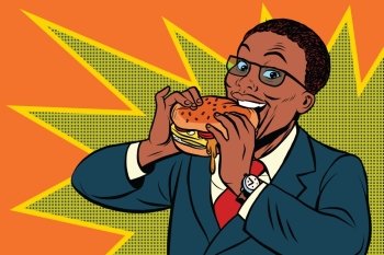 Pop art man eating a Burger, retro comic book vector illustration. The fast food advertising. Promo African American people