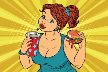 Young woman drinking Cola and eating Burger. Pop art retro illustration. Fast food restaurant. A delicious lunch. Young woman drinking Cola and eating Burger