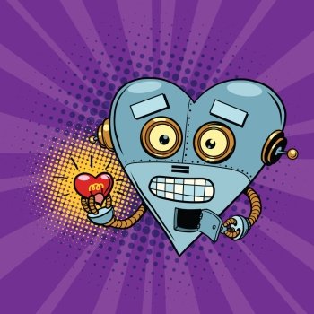 Retro robot and the light bulb heart Valentine. Pop art illustration. Valentin day, holiday, wedding love and romance. artificial intelligence