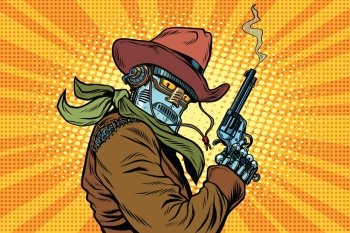 Steampunk robot cowboy with Smoking after firing a revolver, pop art retro vector illustration. Western style. Science fiction