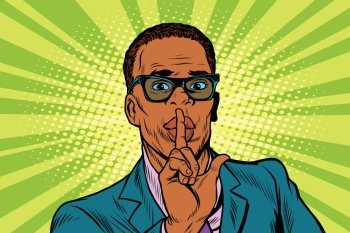 Businessman gesture Shh silence, pop art retro vector illustration. African American people