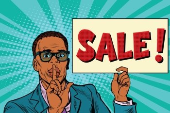 African businessman, the secret sale, pop art retro vector illustration