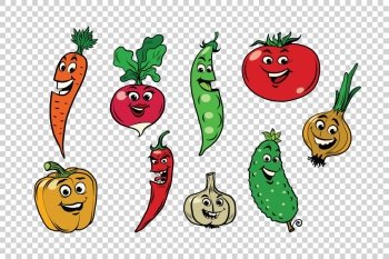 Set of fresh cute vegetable characters. Salad ingredients on a transparent background. Set of fresh cute vegetable characters