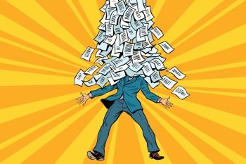 businessman and bureaucracy, a mountain of paperwork. Comic illustration pop art retro style