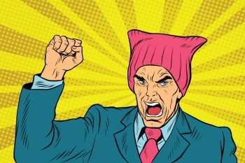 Angry retro politician feminist. pop art comic vector illustration. Man in pussyhat. Angry retro politician feminist