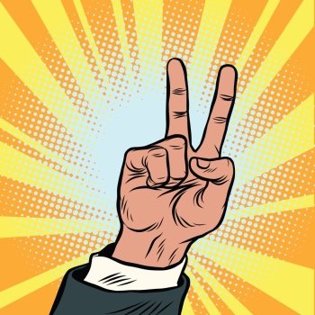 The hand gesture of victory. Pop art vintage retro cartoon illustration vector. The hand gesture of victory
