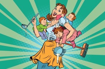 Cheerful mother with three children working and talking on the phone. Comic pop art illustration vector drawing. Cheerful mother with three children