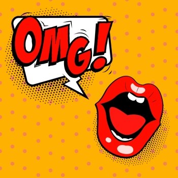 OMG! Pop art style human mouth with omg phrase. Vector illustration.
