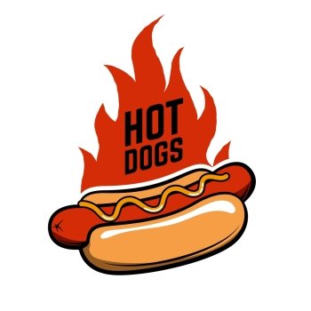Hot dogs. Hot dog in retro style with fire isolated on white background. Fast food. Design element for logo, label, emblem, sign. Vector illustration.