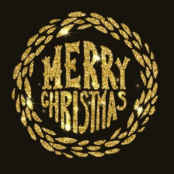 Merry Christmas.  Hand drawn lettering in golden style with flares on dark background. Christmas Wreath. Vector illustration.