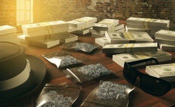 Illegal business drugs and dollars, Mafia drug dealer, 3D rendering
