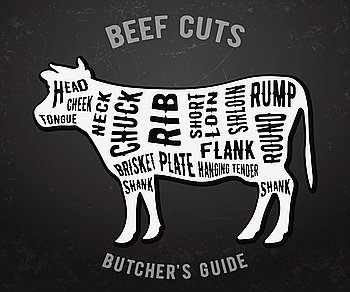 Butcher guide beef cuts. Beef cuts. Butcher guide on blackboard. Vector illustration