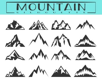 Rocks and mountains silhouettes for logo, icons, badges and labels. Camping, climbing, hiking, travel and outdoor recreation symbol. T-shirt print design. Vector illustration