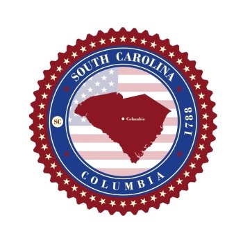 Label  sticker cards of State South Carolina  USA. Stylized badge with the name of the State, year of creation, the contour maps and the names abbreviations.