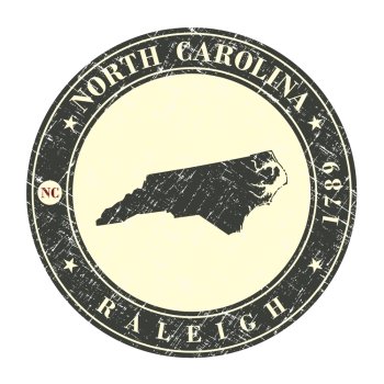 Vintage stamp with map of  North Carolina. Stylized badge with the name of the State, year of creation, the contour maps and the names abbreviations . Vector illustration