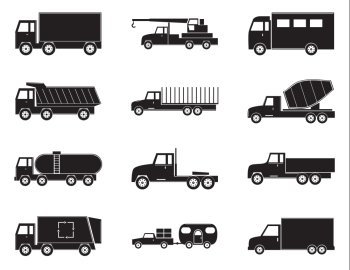 Set of truck black icons. Silhouettes isolated on white background.  Vector illustrations.