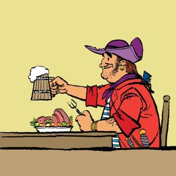 Brave pirate is eating in the tavern. Cartoon hand drawing illustration. Beer and meat. Brave pirate is eating in the tavern