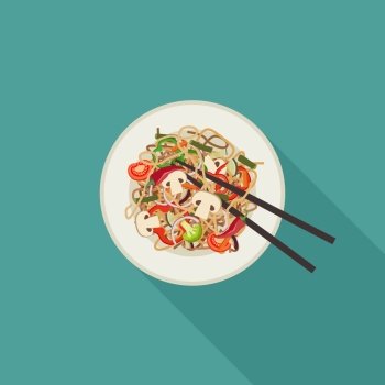Noodles on plate.. Noodles with mushrooms on plate. Vector flat illustration with long shadow.