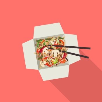 Chinese noodles in box.. Noodles with mushrooms in paper boxes. Fast food vector banner.