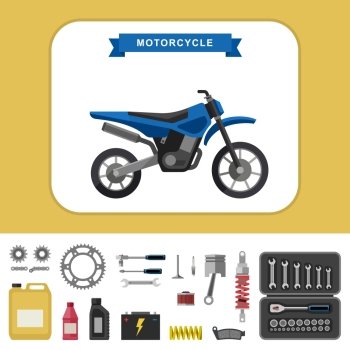Motorcycle with parts in flat style.. Motorcycle with parts in flat style. Vector simple illustration of motocross bike with moto parts and tools icons.