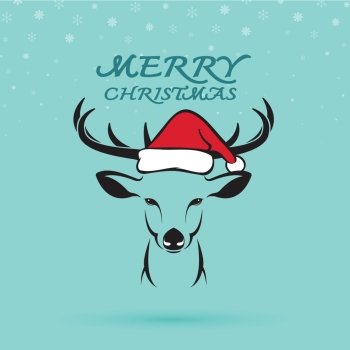 Vector image of an deer and santa hats on blue background. Merry christmas