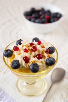 Closeup of a dessert with berries and cream with berries on background. Closeup of a dessert with berries and cream