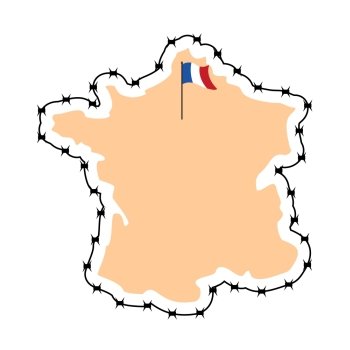 France Map. Map of states with barbed wire. Country closes border against refugees. European country to protect its borders. French flag. Surrounded by perimeter fence. Map of states with barbed wire. Country closes border against refugees. European country to protect its borders. French flag. Surrounded by perimeter fence
