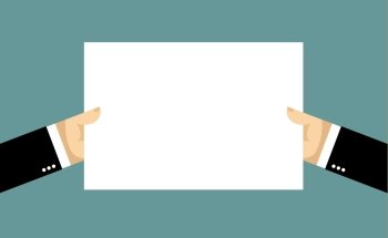 Businessman hands and billboard. Two hands hold white sheet of paper. Blank banner space for your text
