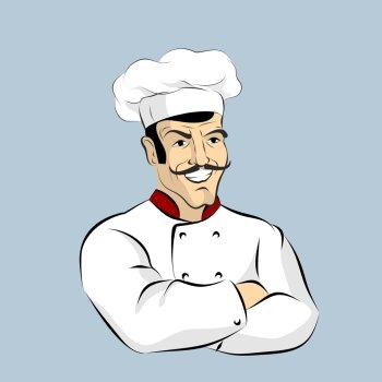 Italian chef Cook with  mustache. Professional Cooking. Kitchen worker in a white dress. Character for restaurant or Cafe. Man in pot Cap crossed hands