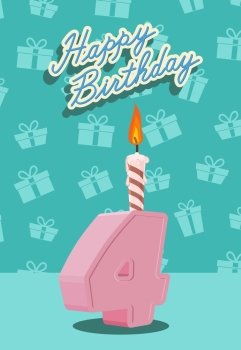 Birthday candle number 4 with flame. vector illustration