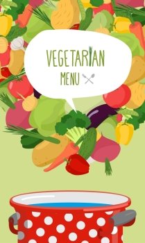 Menu of vegetables. Vegetarian food vector illustration. Concept for restaurant nutrition. Cooking in a pan of useful products