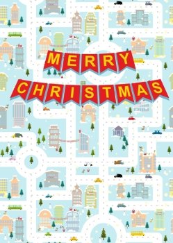 Merry Christmas. Greeting card winter city on eve of new year. Garland with letters.