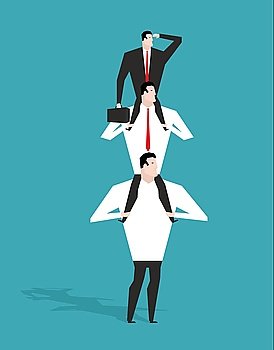 Career ladder. Boss sitting on shoulders of deputy. Head sits on neck of manager. Director is looking at building long-range business strategy. Infographics hierarchy in company. Workers in career system

