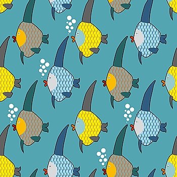 Marine fish color seamless pattern. Repeating pattern of marine life. Cute funny fish texture for childrens fabrics