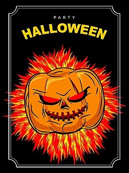 Halloween party. Scary pumpkin with red eyes and a fiery background. Vector poster for scary holiday
