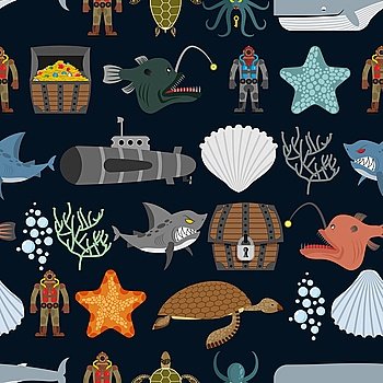 Ocean seamless pattern.  Ocean inhabitants. Starfish and shark on black background. Water turtle and diver. Treasure Chest and  whale. Octopus and coral. Vector Underwater ornament.