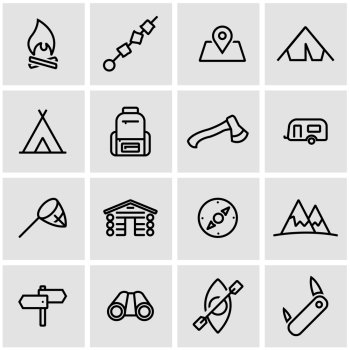 Vector line camping icon set. Camping Icon Object, Camping Icon Picture, Camping Icon Image - stock vector