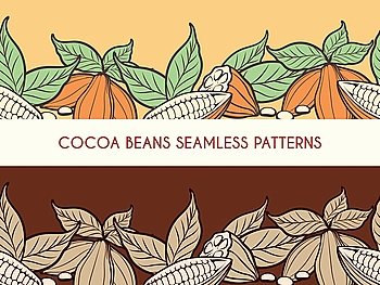 Cocoa beans seamless patterns. Cocoa beans horizontal seamless patterns for chocolate banners