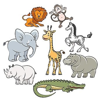 Cartoon safari and jungle animals. Cartoon safari and jungle animals flat icons. Vector illustration
