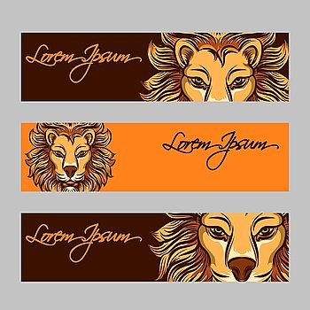Horizontal web banners with lion face. Horizontal web banners vector with bright lion face