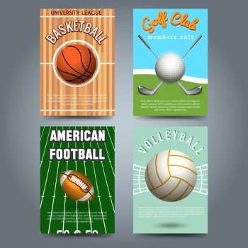 Sport brochure flyers template set. Sport brochure flyers template set. Basketball volleyball american footbal and golf cards. Vector illustration
