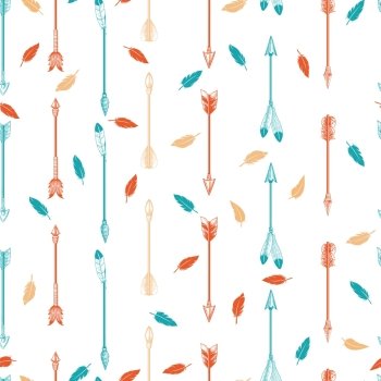 Arrows and feathers boho seamless pattern. Colorful boho seamless pattern with arrows and feathers. Vector illustration
