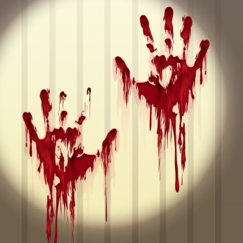 Bloody hand prints on a wall. Bloody hand prints on a wall lit by flashlight. Vector illustration