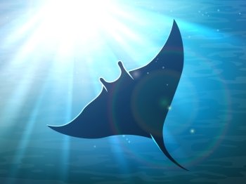 Dark manta ray in ocean. Dark manta ray in ocean deep water with light rays. Vector illustration