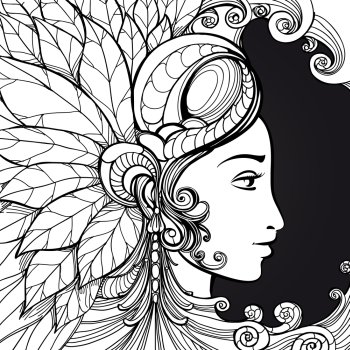 Coloring zentangle woman face on black. Coloring zentangle woman face and decorative elements on black background. Vector illustration