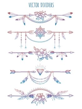 Bohemian dividers with arrows and flowers. Hand drawn bohemian style dividers with arrows flowers and feathers. Vector illustration