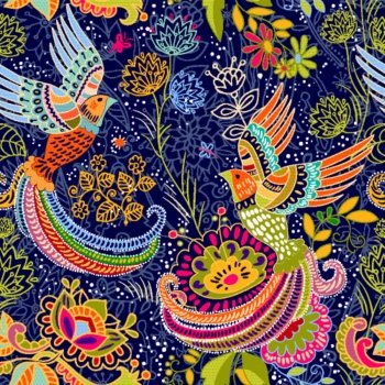 Seamless ethnic pattern with birds. Colorful floral backdrop