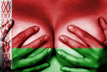Sweaty upper part of female body, hands covering breasts, flag of Belarus